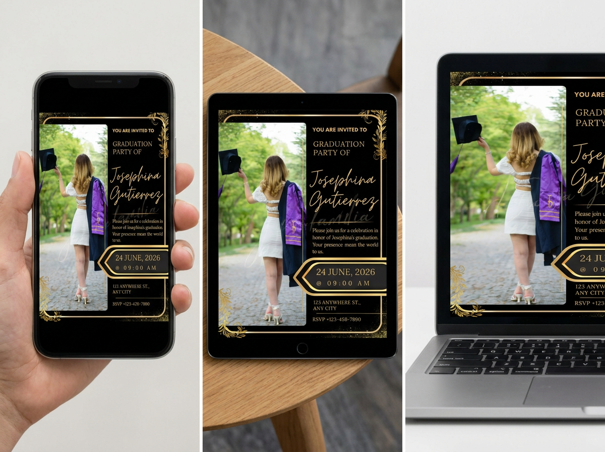 Black & Gold Digital Graduation Invitation | Elegant Editable Canva Template